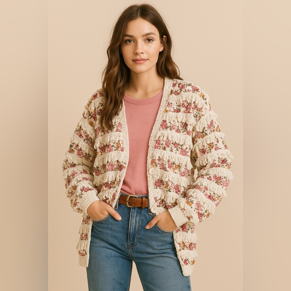 Vintage Paula Sweet Muslim Mink Floral Cream Cardigan jacket small boho USA made